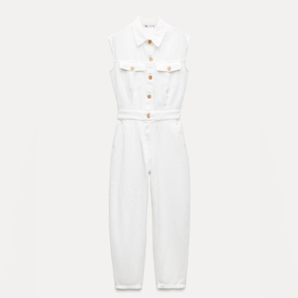 ZARA Cotton White Sleeveless Barrel Let Utility Jumpsuit • XL NWT - Picture 7 of 11